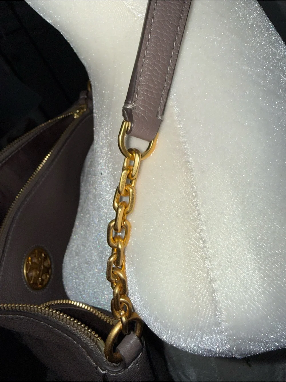 Tory Burch Taupe Leather Hobo with Gold Chain Strap